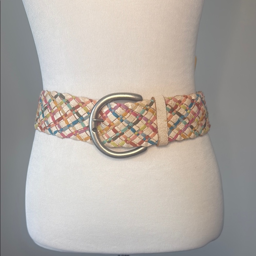 Genuine Leather Multicolor Woven Belt with Silver Buckle Med